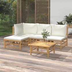 Salon de jardin 5 pcs avec coussins blanc crème bambou