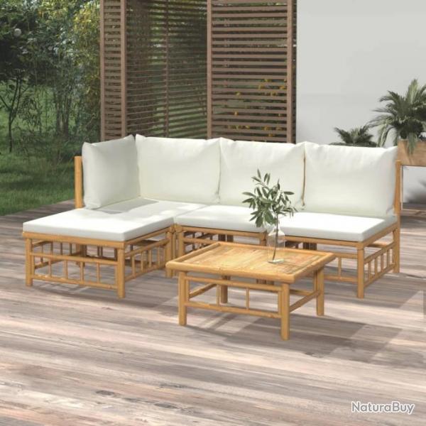 Salon de jardin 5 pcs avec coussins blanc crme bambou