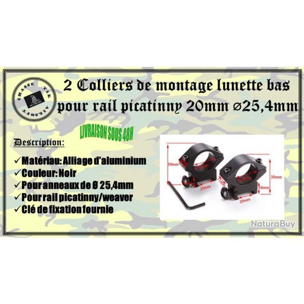 2 colliers de montage lunette bas  picatinny 20mm diamtre 25,4mm