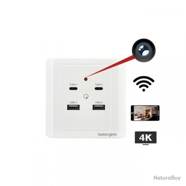 Prise Murale Camra espion 4K WIFI Recharge USB-C et USB-U Blanche avec Dtection de mouvement