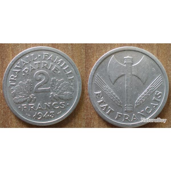 France 2 Francs 1943 Francisque Regime Vichy Piece Aluminium Francs