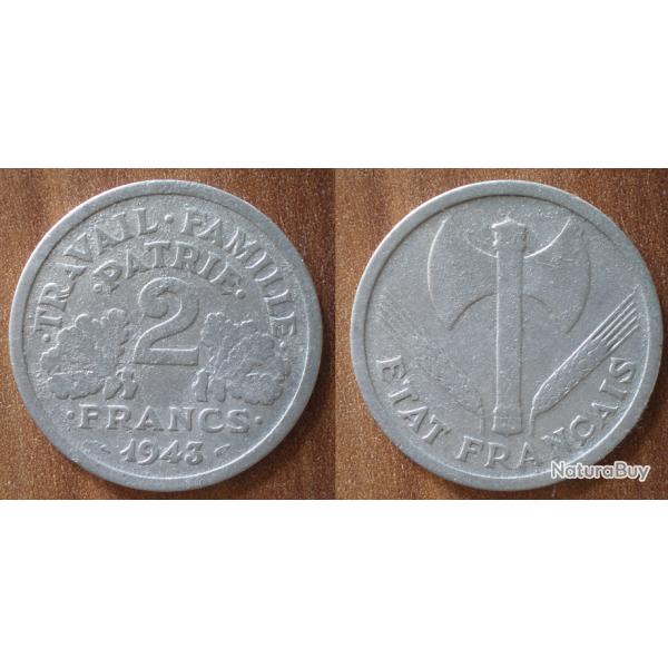 France 2 Francs 1943 Francisque Regime Vichy Piece Aluminium Francs