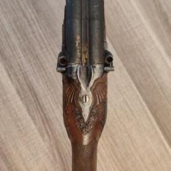 Fusil silex double transformé signé Jacod Jalustre à Clermont,crosse sculptée sanglier circa 1814