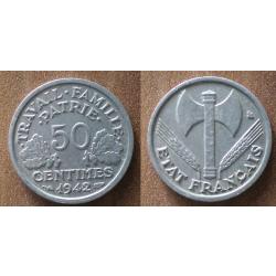 France 50 Centimes 1942 Piece Francisque Vichy