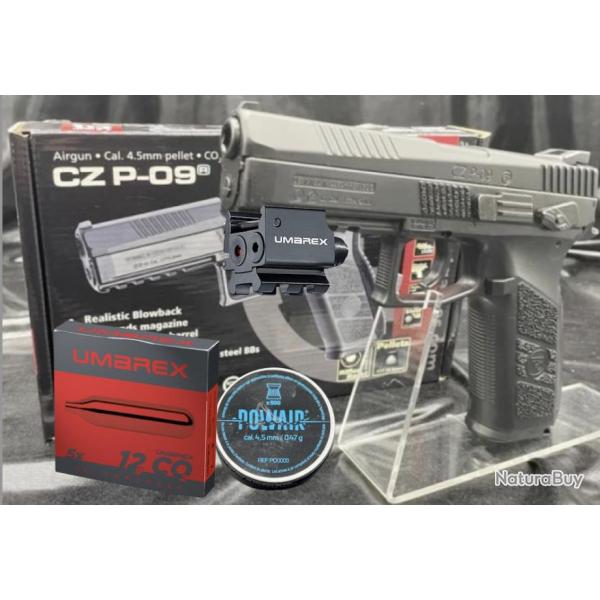 Pack laser prt  tirer Pistolet CZ P-09 "Couleur Noir Mtal" - Plombs ou BB'S - Blowback + Plombs +