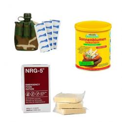 Wahoo !Kit survie: 12 conserves de Pain + 3 rations NRG-5 + pastilles de purification d'eau + gourde