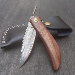 Couteau Piémontais Damas Manche en Bois avec Étui en cuir noir