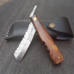 Couteau Artisanal Piémontais Damas HIGONOKAMI Manche en Bois avec Étui en cuir noire
