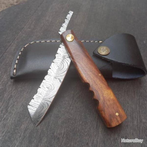 Couteau Artisanal Pimontais Damas HIGONOKAMI Manche en Bois avec tui en cuir noire
