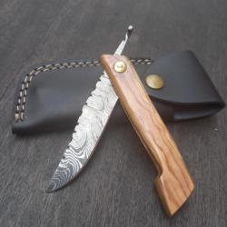 Couteau Artisanal Piémontais Damas Manche en Bois d OLIVIER avec Étui en cuir noir