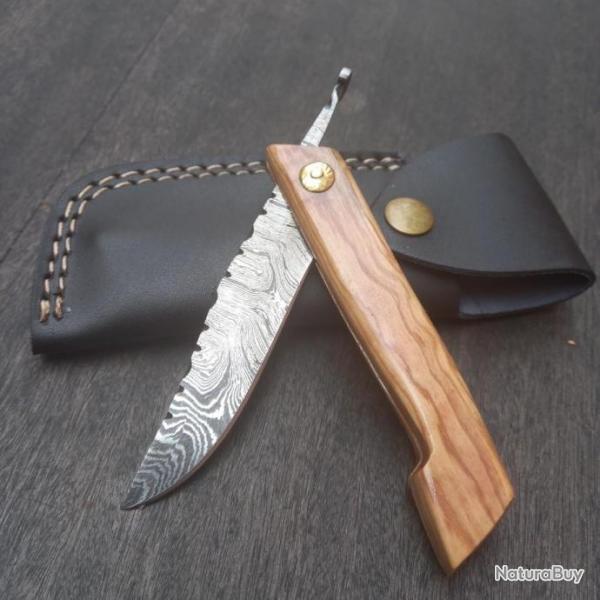 Couteau Artisanal Pimontais Damas Manche en Bois d OLIVIER avec tui en cuir noir