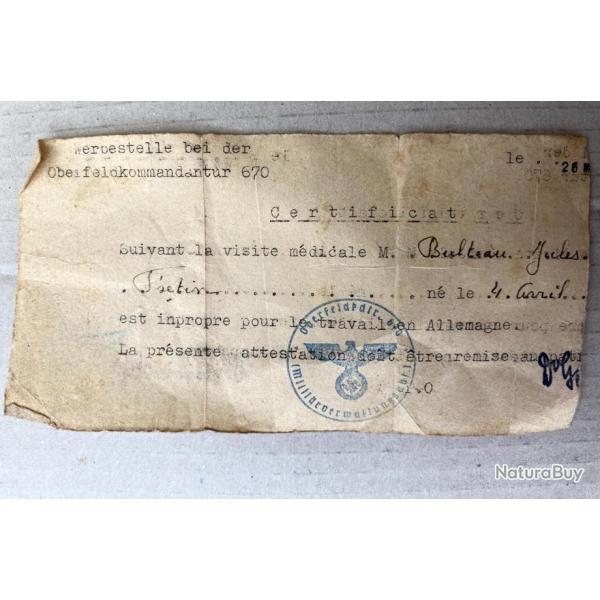 Fragment de certificat mdical allemand IIIme reich