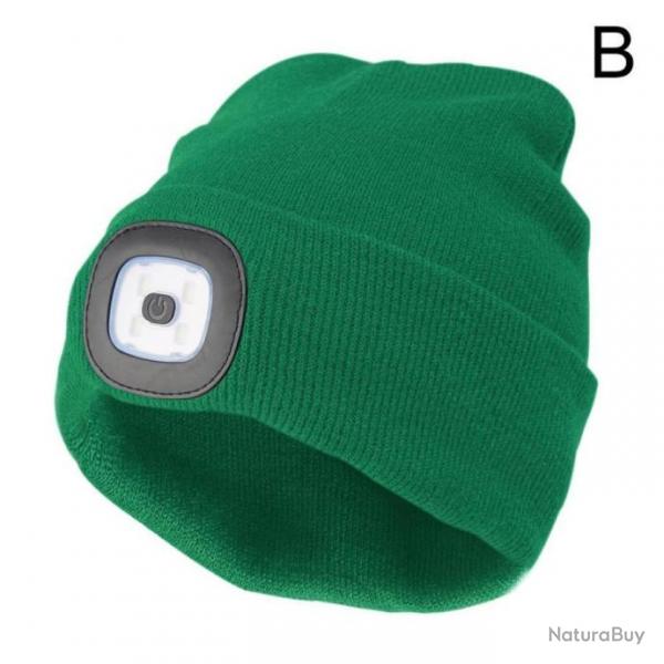 Bonnet LED Rechargeable Unisex Vert Chapeau d'Hiver pour le Camping, Randonne, Chasse et la Pche