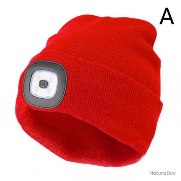 Bonnet LED Rechargeable Unisex Rouge Chapeau d'Hiver pour le Camping, Randonne, Chasse et la Pche