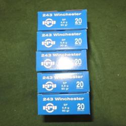 Cartouches PPU de 243 Winchester 90gr SP en lot de 5 boites soit 100 cartouches