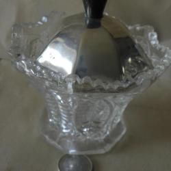 antique sucrier, moutarde? vers 1910 verre taillé couvercle plaqué argent poignée en bakélite