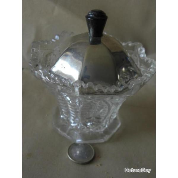 antique sucrier, moutarde? vers 1910 verre taill couvercle plaqu argent poigne en baklite