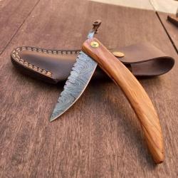 Grand Couteau Artisanal Piémontais Damas Tête de Bélier, Manche en Olivier avec Étui en cuir