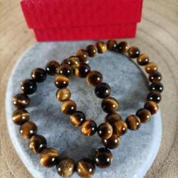 2 Bracelet pierre naturelle oel de tigre perles 8 mm et 10 mmm pour elle et pour lui avec écrin