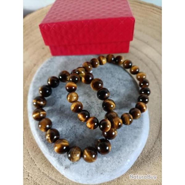 2 Bracelet pierre naturelle oel de tigre perles 8 mm et 10 mmm pour elle et pour lui avec crin