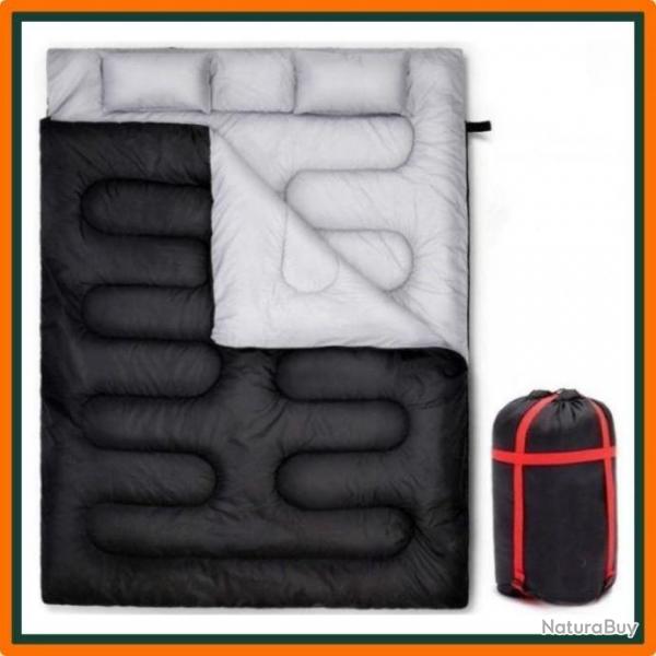 Sac de couchage chaud 2 personnes 220x150 cm + 2 oreillers offerts - Livraison gratuite et rapide