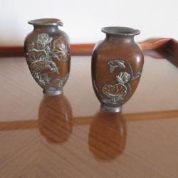 VINTAGE -Paire de Vases Bronze Incrustés - JAPON, (Fin XIXéme - début XXème)