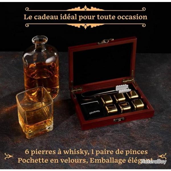 Glaçons Pierres à Whisky dorées en Acier Inoxydable dans Un Coffret en Bois avec Pince x6 . S