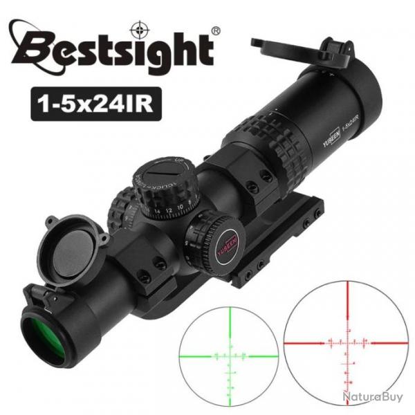 Lunette Vise Optique 1-5x24, 30mm Grand Angle Vision Fusil Chasse Tactique Tir + collier 11mm /20mm