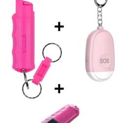 PROMO - Pack Full Pink - Bombe Lacrymogène + Alarme personnelle  + Lampe