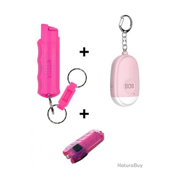 PROMO - Pack Full Pink - Bombe Lacrymogne + Alarme personnelle  + Lampe