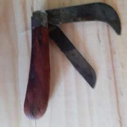 couteau ancien, serpette 2 lames manche bois