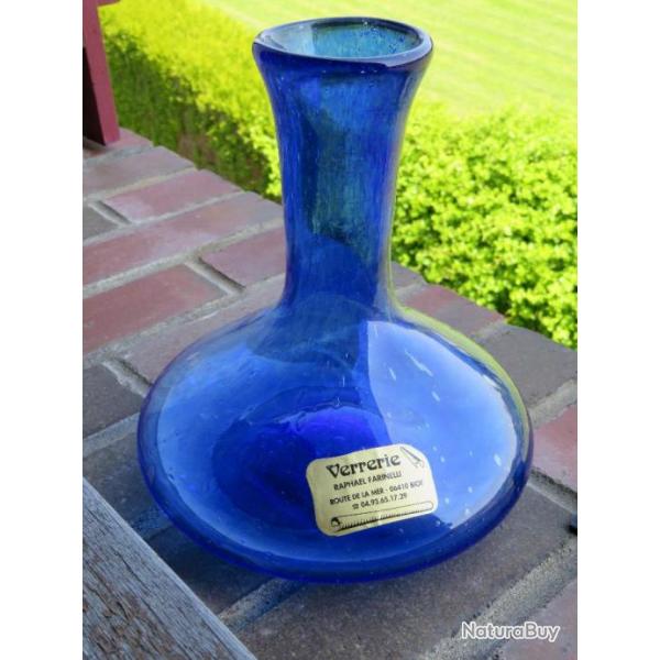 Superbe Grande CARAFE en verre Bull Bleu de perse sign FARINELLI - BIOT (Glass Design vintage)