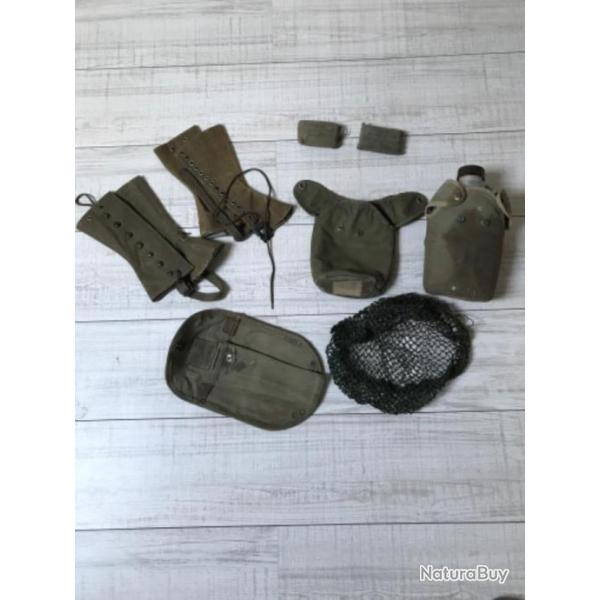 Lot militaire divers, gourde, gutres , tui pelle, filets de casque, pansement, ww2 Indochine