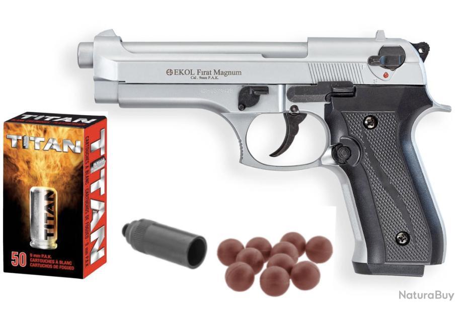 Pack pistolet FIRAT MAGNUM Chromé 9mm PAK + 50X Munitions + Embout Self  Gomm - Pistolets d'alarme (10511380)