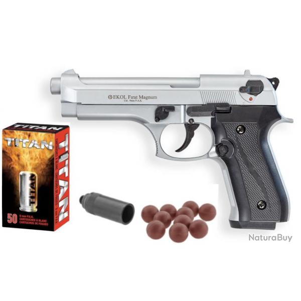 Pack pistolet FIRAT MAGNUM Chrom 9mm PAK + 50X Munitions + Embout Self Gomm