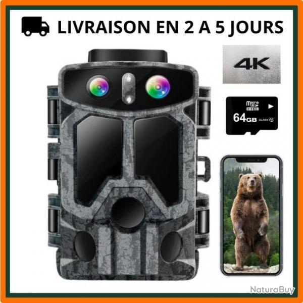 Camra de chasse 4K 60MP - Double camra - Carte 64go - IP66 Angle 120 - Dclenchement 0,3S