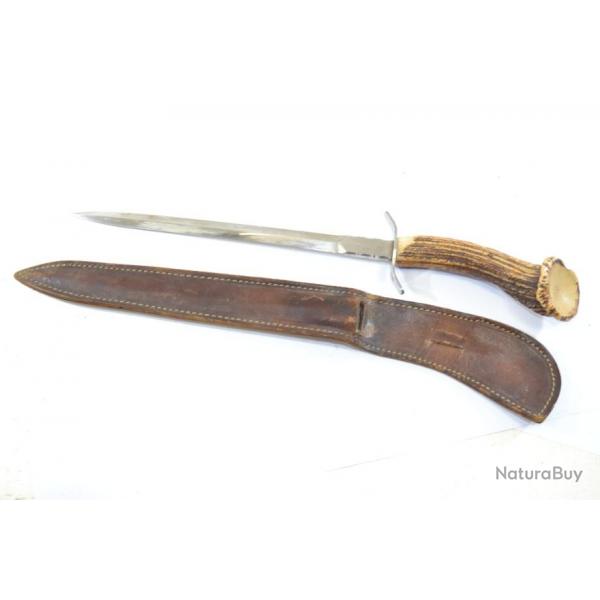 Ancienne dague de chasse / vnerie avec manche en bois de cerf. Couteau chasse