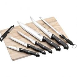 Planche en bois avec 5 couteaux de cuisine un fusil et un éplucheur gris et noir