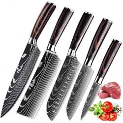 Set de 5 Couteaux de Cuisine Japonais Tranchant en acier inoxydable avec Poignée confortable