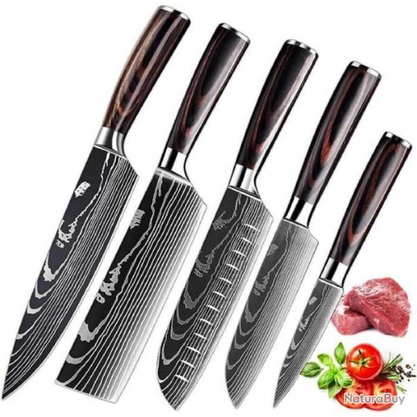 Set de 5 Couteaux de Cuisine Japonais Tranchant en acier inoxydable avec Poigne confortable