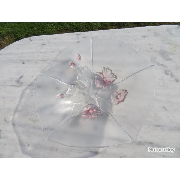 Grand plat en verre  dcor de fleurs en relief et en couleur - (Vintage des annes 1970-80)