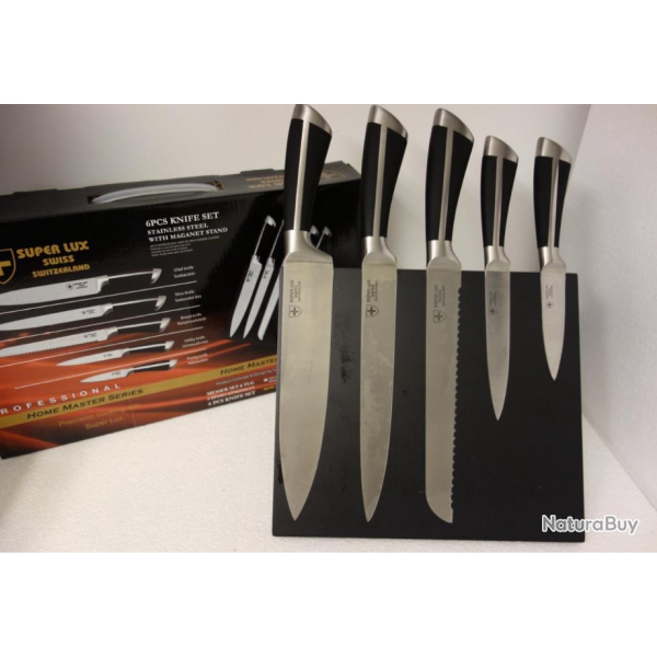 *SUPER LUX SWISS SET DE 5COUTEAUX DE CUISINE FULL METAL AVEC SUPPORT MAGNTIQUE EN BOIS x