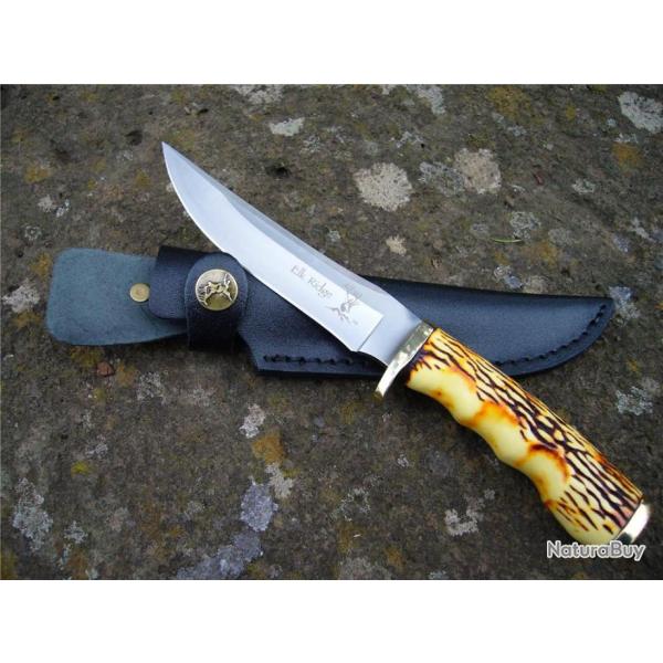 Couteau Elk Ridge Skinner Lame Acier 3Cr13 Manche Faon Corne Etui Cuir ER027