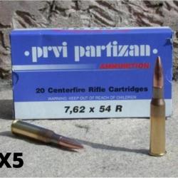 Lot de 5 boîtes de 20 cartouches Partizan Cal. 7,62X54R 170-Grs FMJ BT