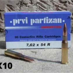 Lot de 10 boîtes de 20 cartouches Partizan Cal. 7,62X54R 170-Grs FMJ BT