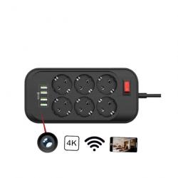 Multiprise noire Caméra Ultra HD 4K WIFI avec recharges Usb détection de mouvement, slot SD et accès
