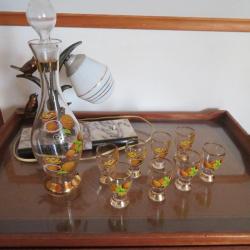 Service à liqueur complet avec carafe et bouchon & 8 verres à pied noix/noisettes - (Vintage 60-70)