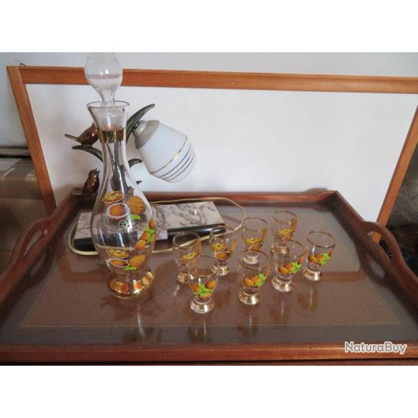 Service  liqueur complet avec carafe et bouchon & 8 verres  pied noix/noisettes - (Vintage 60-70)