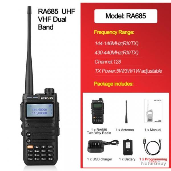 Retevis RA685 x1 Talkie Walkie Noir Radio Dual Bande VHF/UHF Longue Porte Camping Randonne Chasse