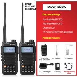 Retevis RA685 x2 Talkie Walkie Noir Radio Dual Bande VHF/UHF Longue Portée Camping Randonnée Chasse